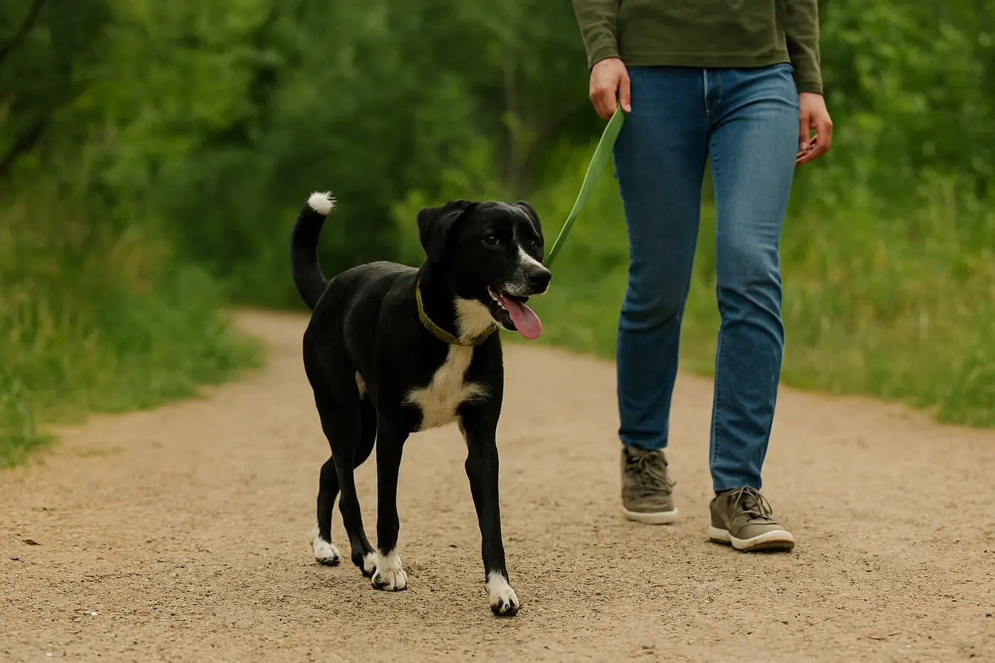 Black and white dog on a green leash walking a dirt trail with its owner.