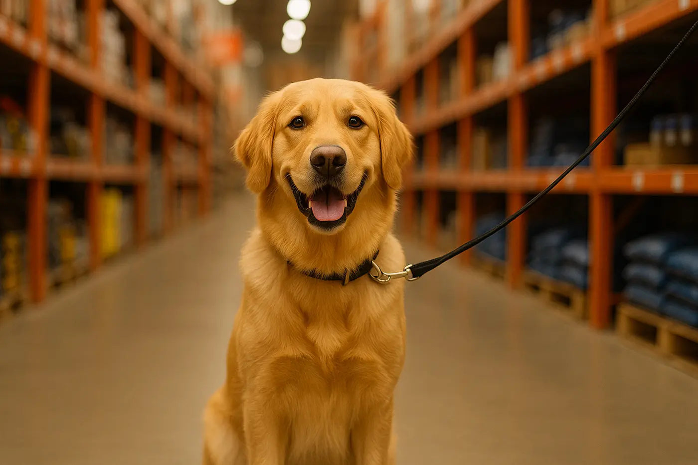 Golden retriever on a leash sitting in a dog-friendly hardware store aisle.