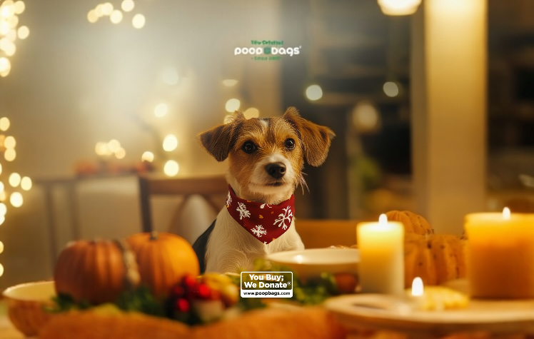 Small dog wearing red bandana sitting at a cozy holiday table with candles, pumpkins, and warm festive lights indoors