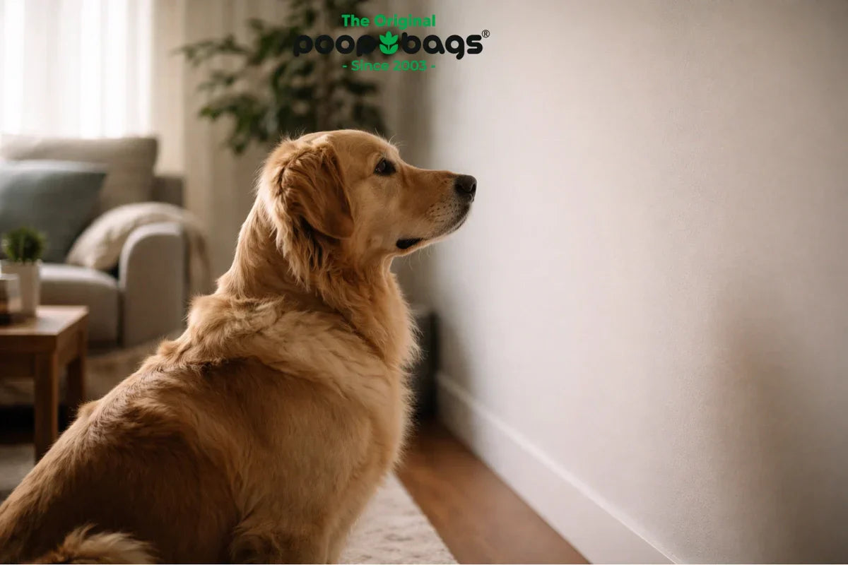 Golden retriever sitting calmly while staring at a blank living room wall.