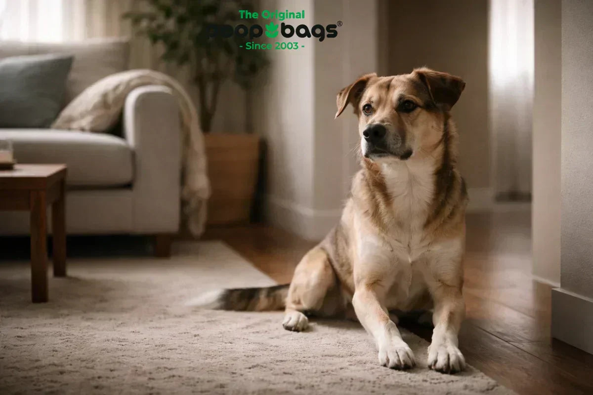Cautious rescue dog lying on a living room rug during its adjustment period at a new home.