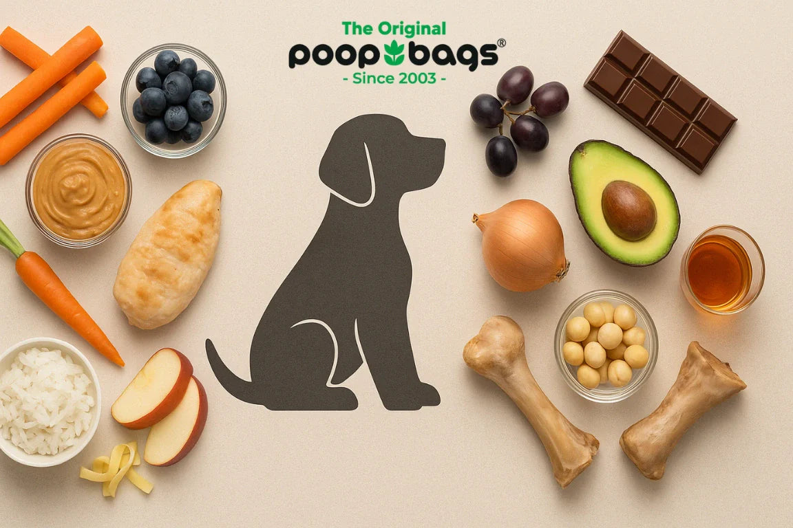 Dog silhouette surrounded by foods toxic to dogs like chocolate, grapes, onion, and avocado.