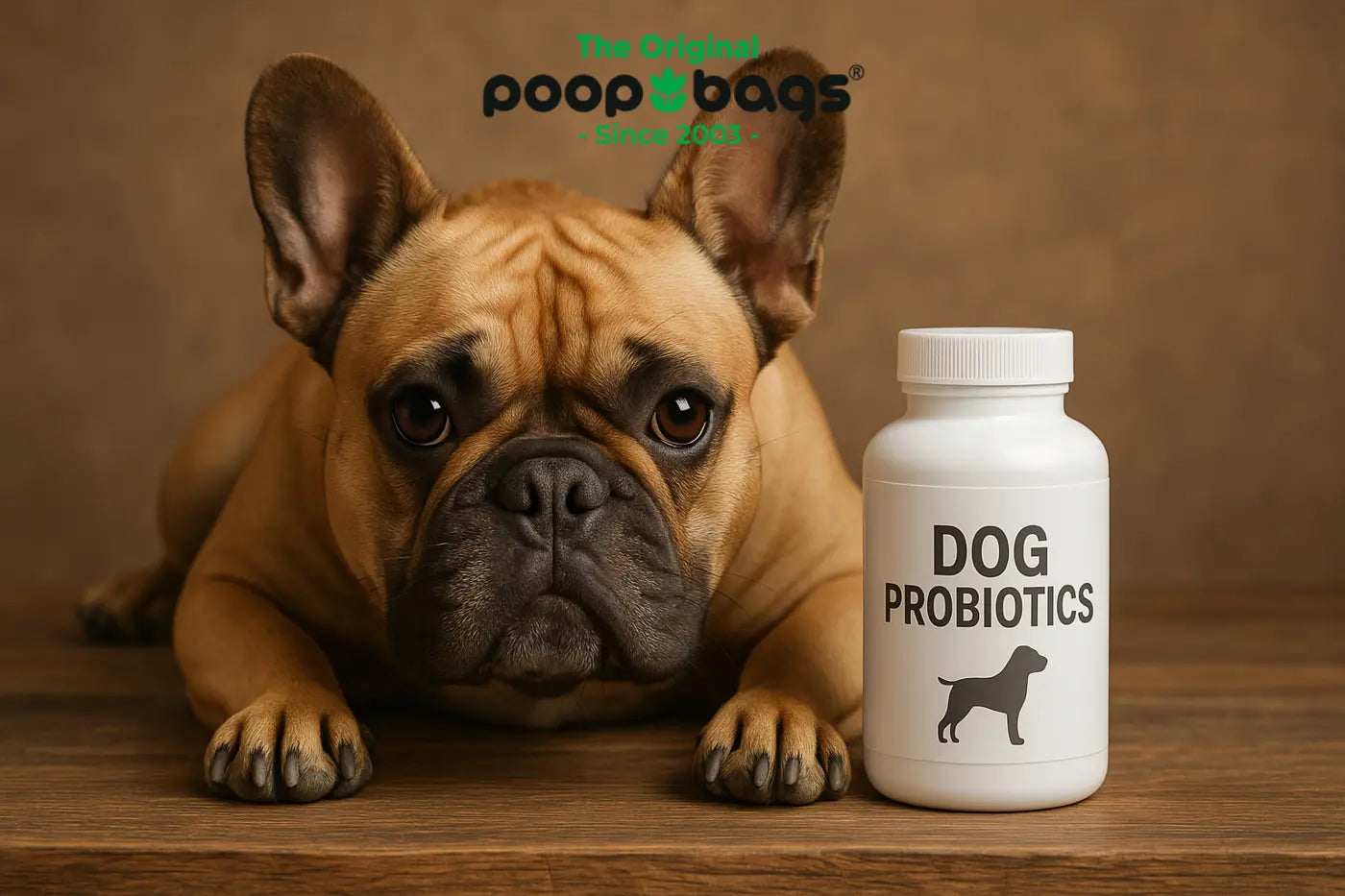 French bulldog lying beside a white bottle labeled dog probiotics on a wooden surface.
