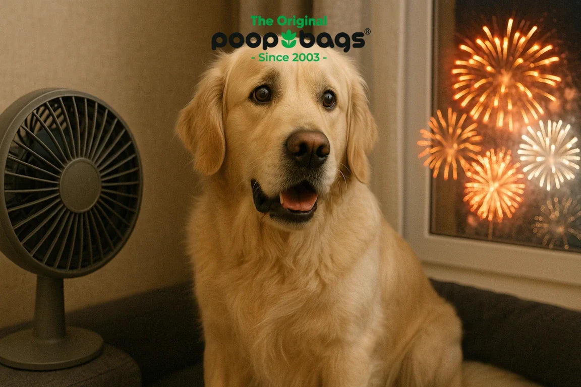 Golden retriever sitting calmly indoors beside a fan as fireworks light up the window.