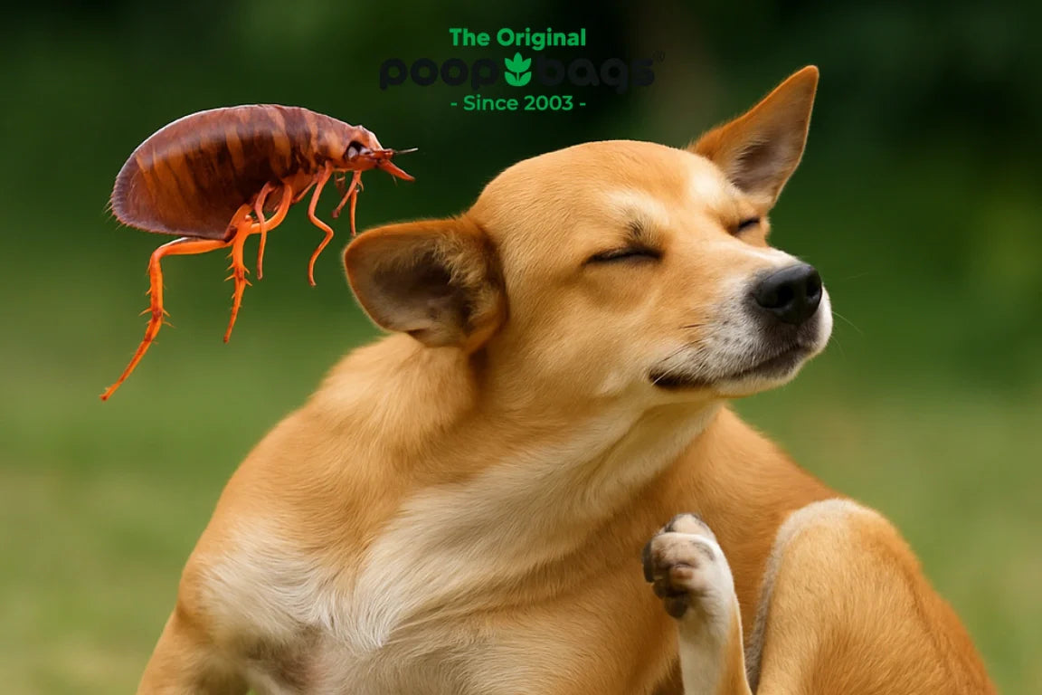 Tan dog scratching its neck beside an oversized flea illustration, showing common dog flea symptoms.