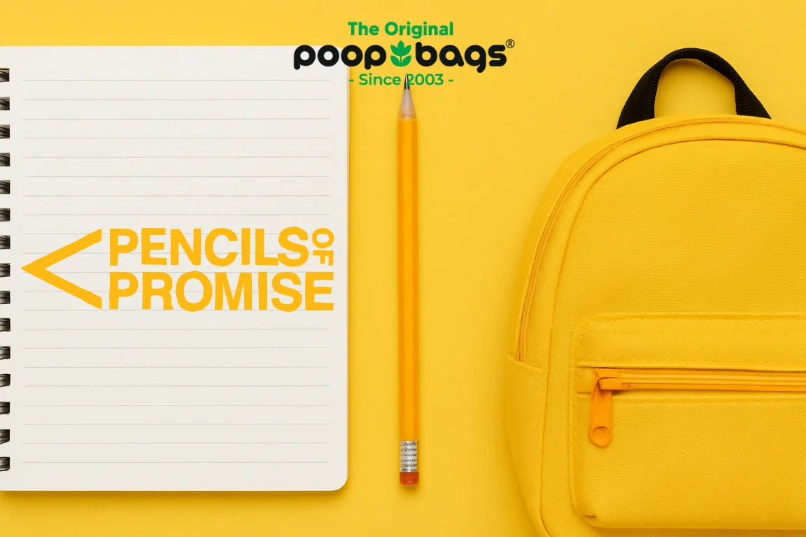 Pencils of Promise notebook logo beside a sharpened pencil and yellow school backpack.