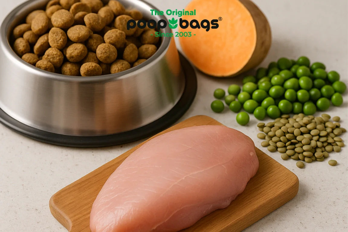 Grain-free dog food ingredients: kibble, raw chicken, sweet potato, peas, and lentils on a counter.