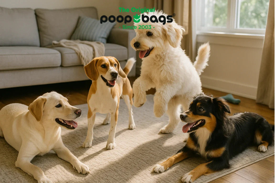 Four dogs socializing on a living room rug while introducing a new puppy to a dog.