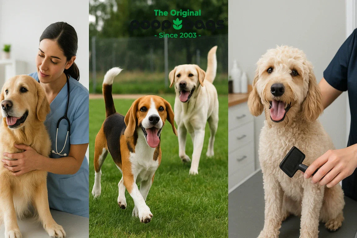 Vet exam, dogs playing outdoors, and grooming brush illustrate local pet care services.