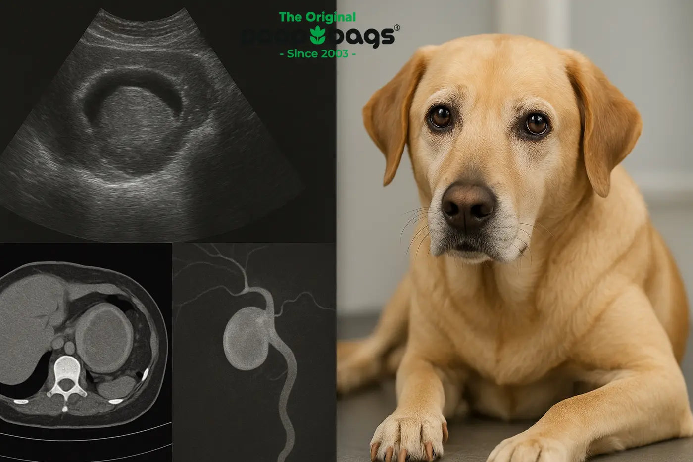 Diagnostic scans of an aneurysm beside a calm yellow Labrador lying down.