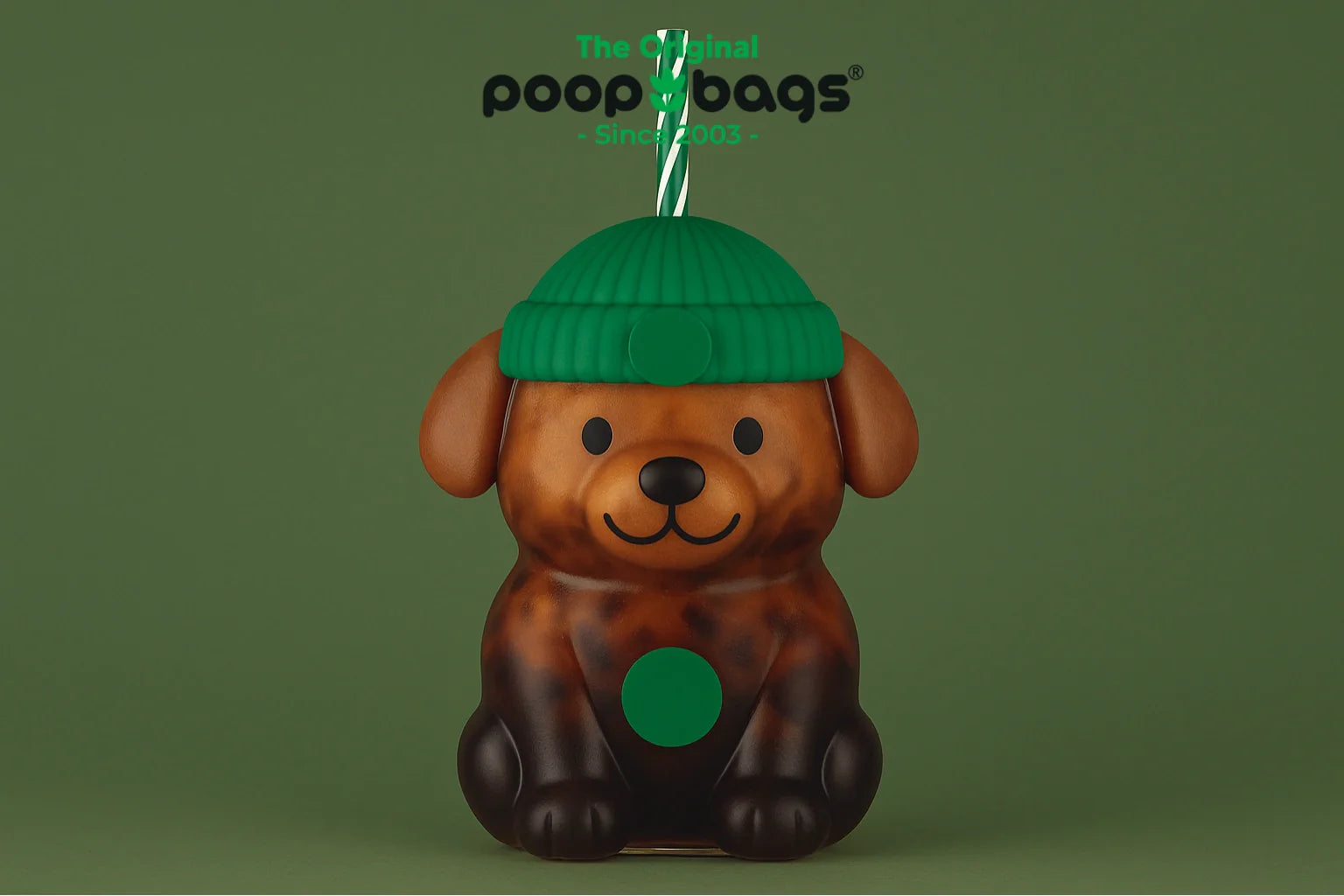 Dog-shaped coffee cup with a green beanie lid and matching striped straw.