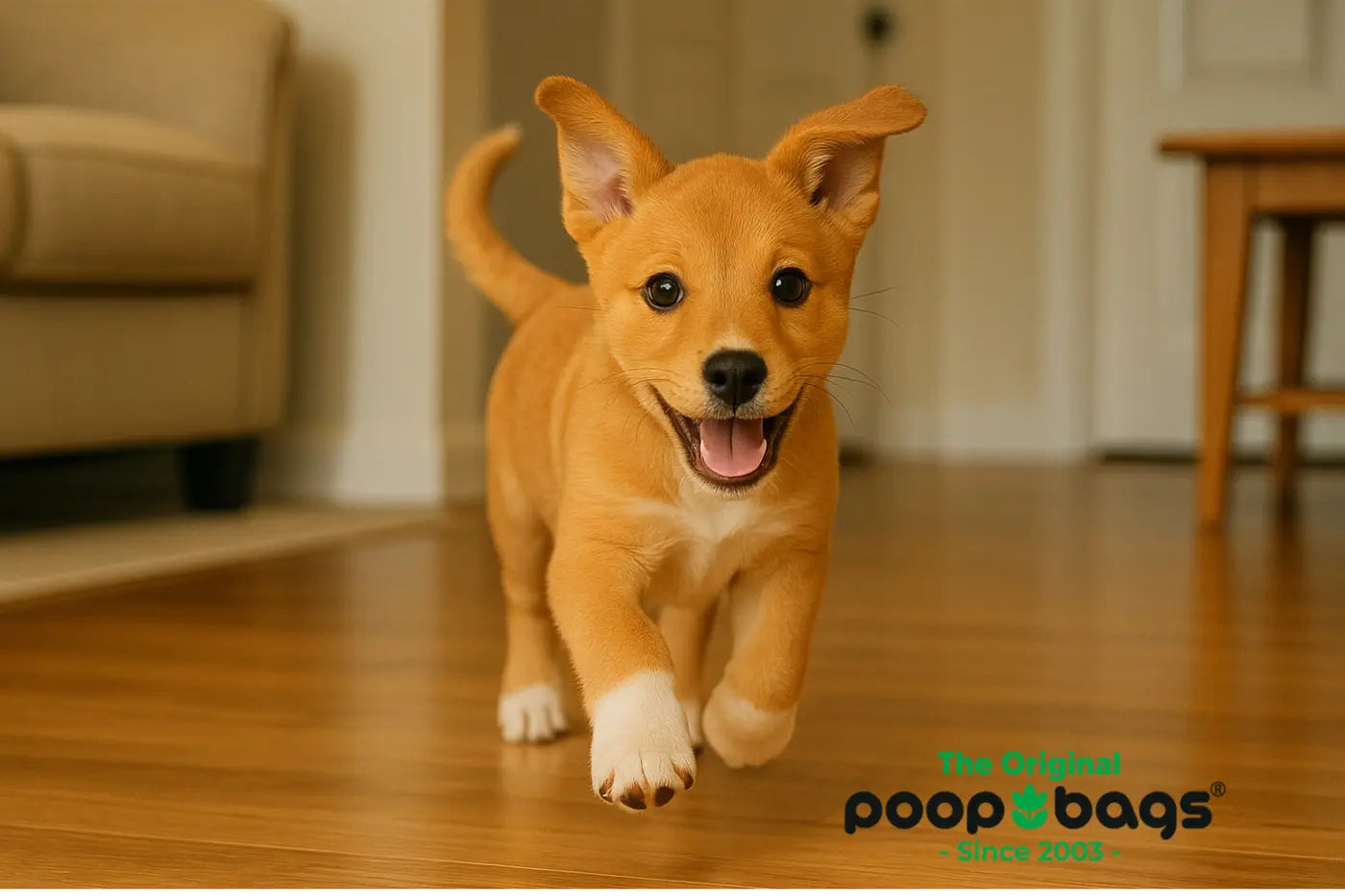 Happy tan puppy running across a hardwood living room floor with tongue out.