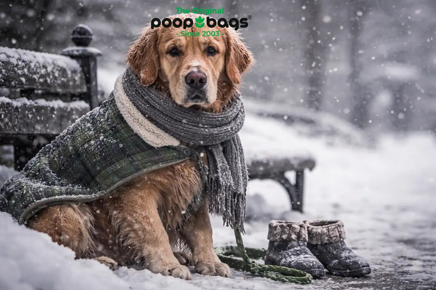 Golden retriever in a plaid coat and scarf sits in falling snow beside boots.