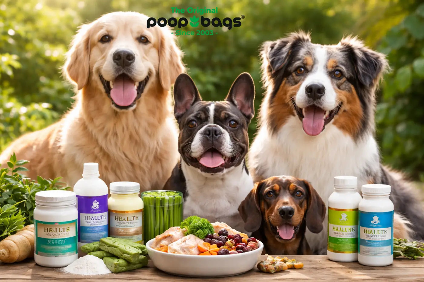 Four dogs behind supplement bottles and a bowl of fresh food, greens, and fruit outdoors.