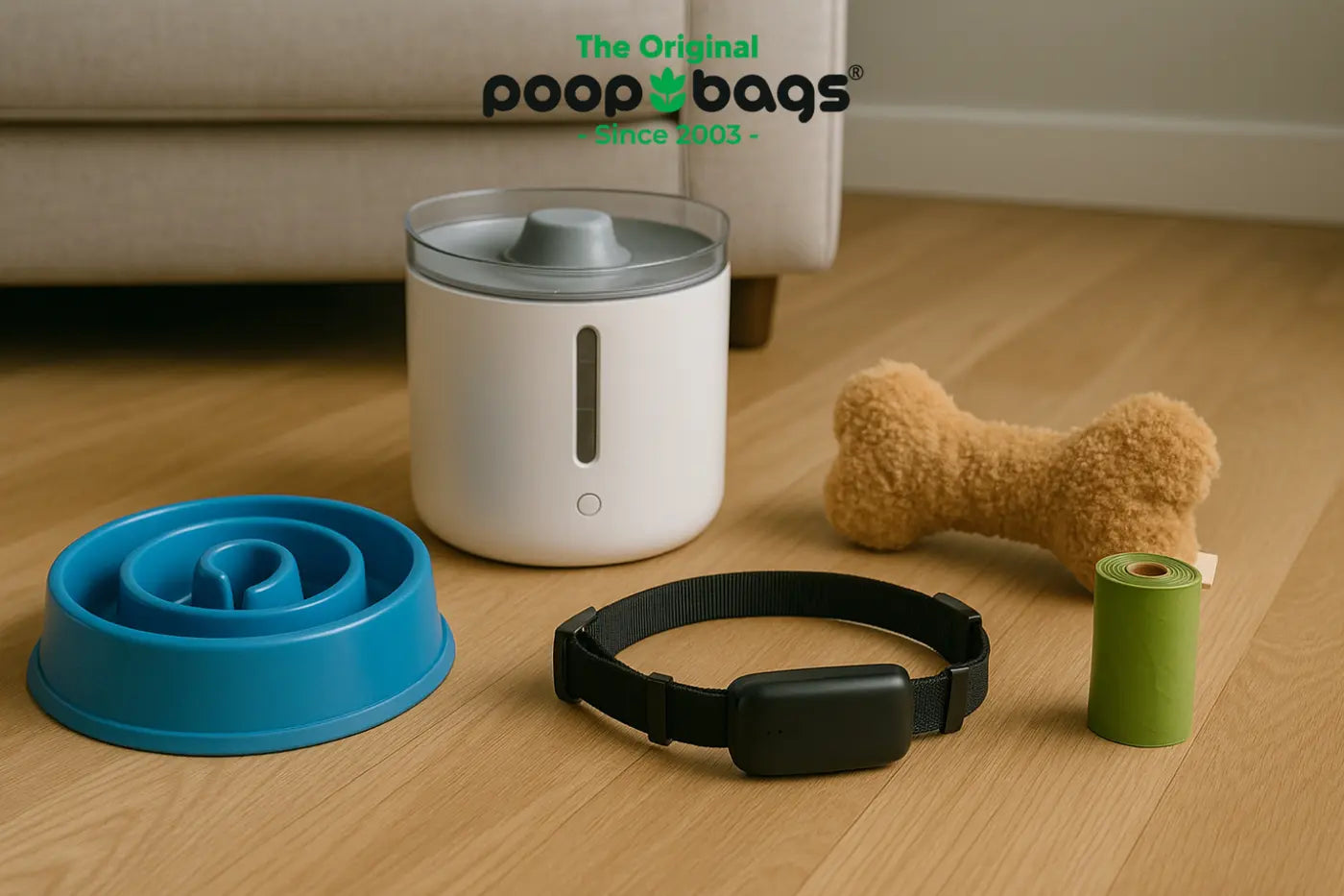 2025 smart pet gadgets: slow feeder bowl, automatic feeder, GPS collar, and green poop bag roll.
