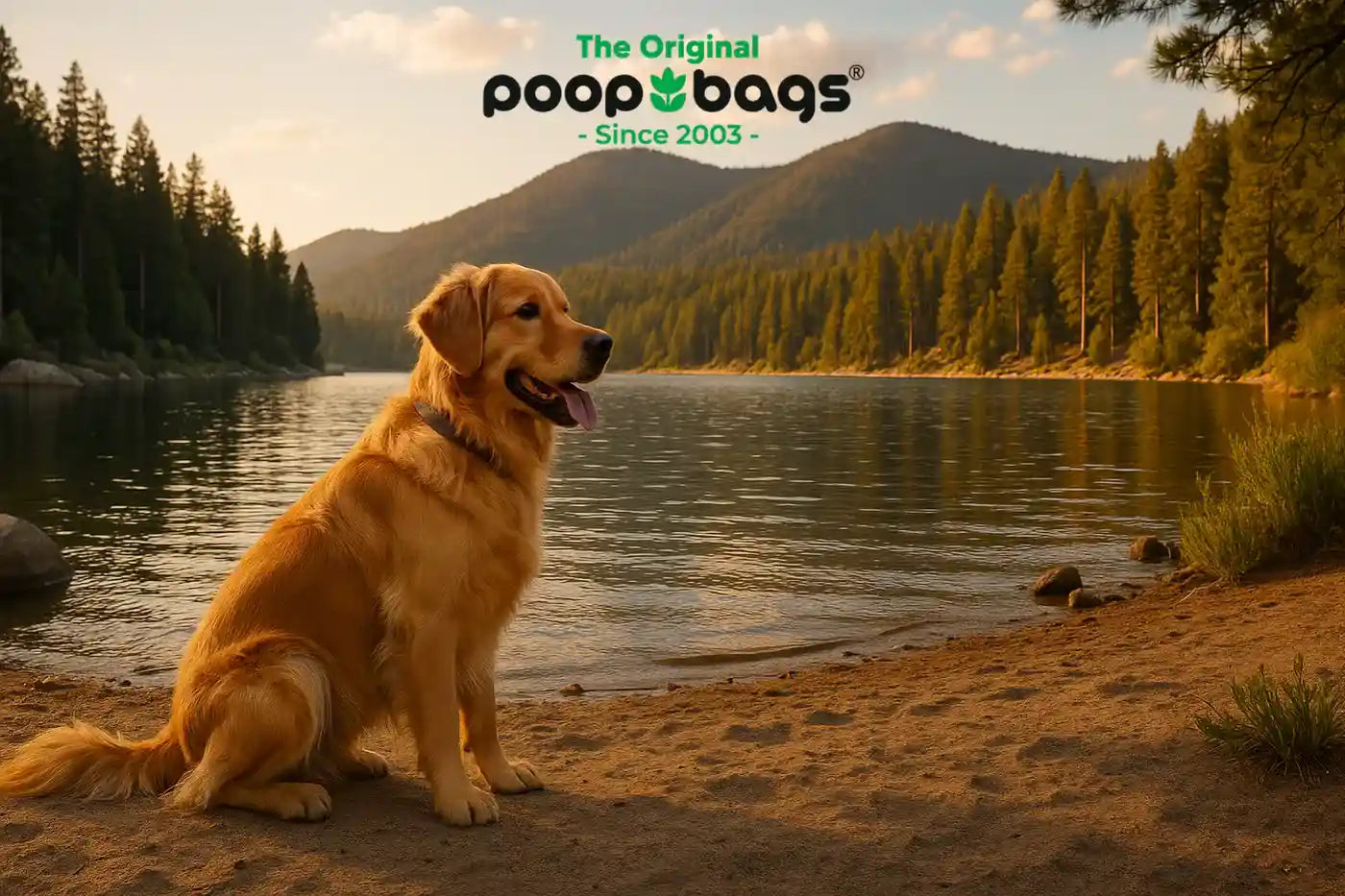 Golden retriever sitting on a lakeshore at Big Bear with forested mountains behind.