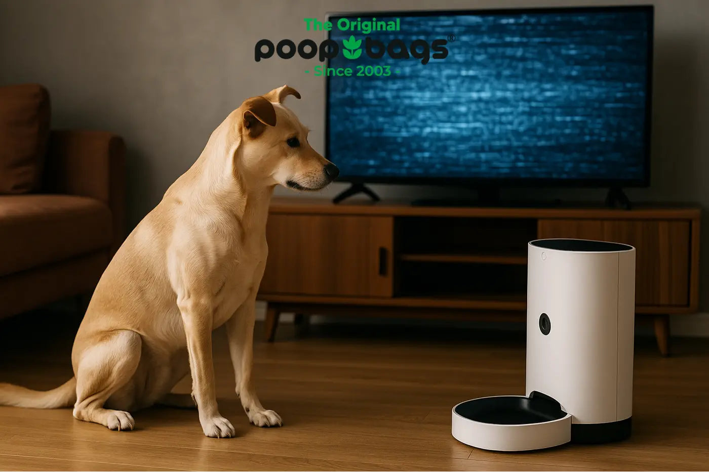 Yellow dog waits by a smart Wi-Fi feeder as the TV shows static during an internet outage.