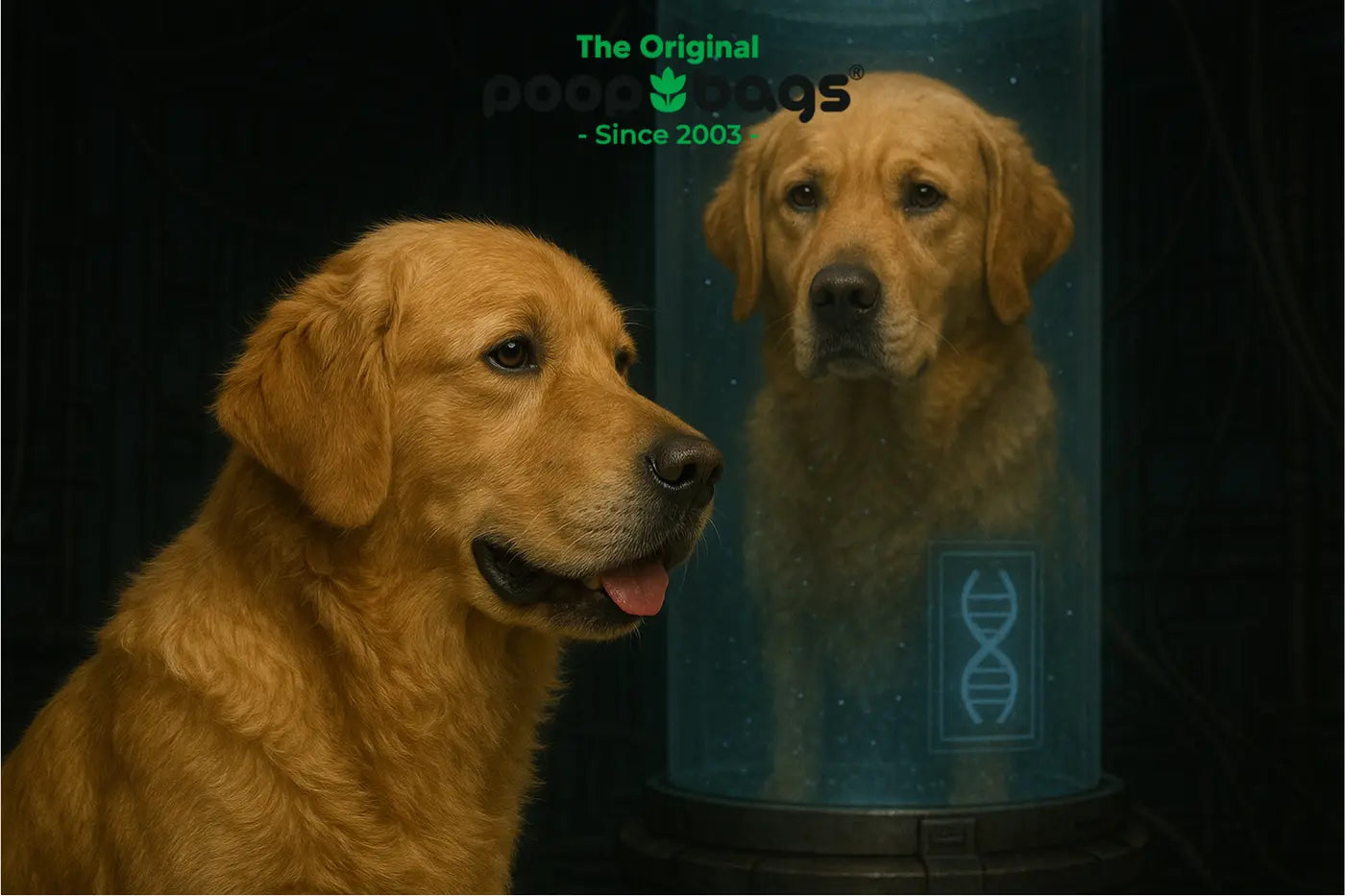 Golden retriever faces a cloned twin inside a glowing DNA cloning chamber.