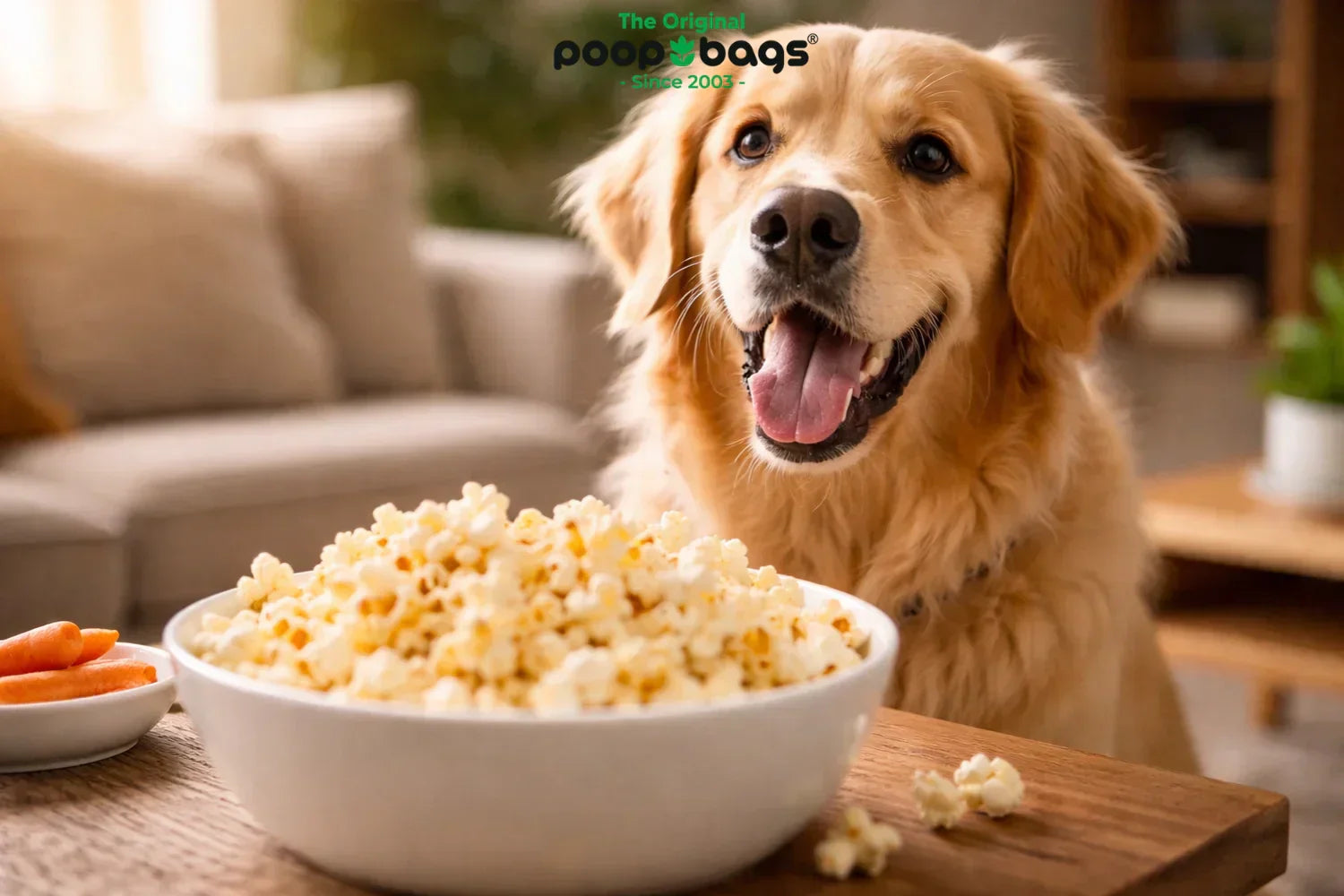 Golden retriever eyeing a bowl of popcorn beside carrots, illustrating whether dogs can eat popcorn.