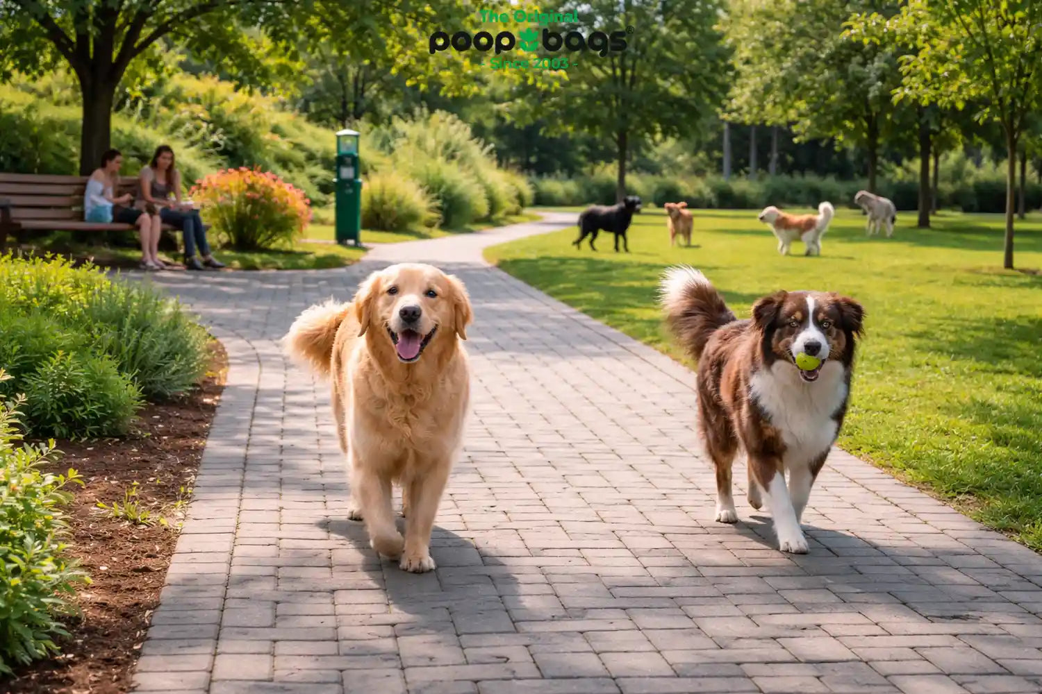 Two dogs walk along an eco paving stone path in a sunny dog park.