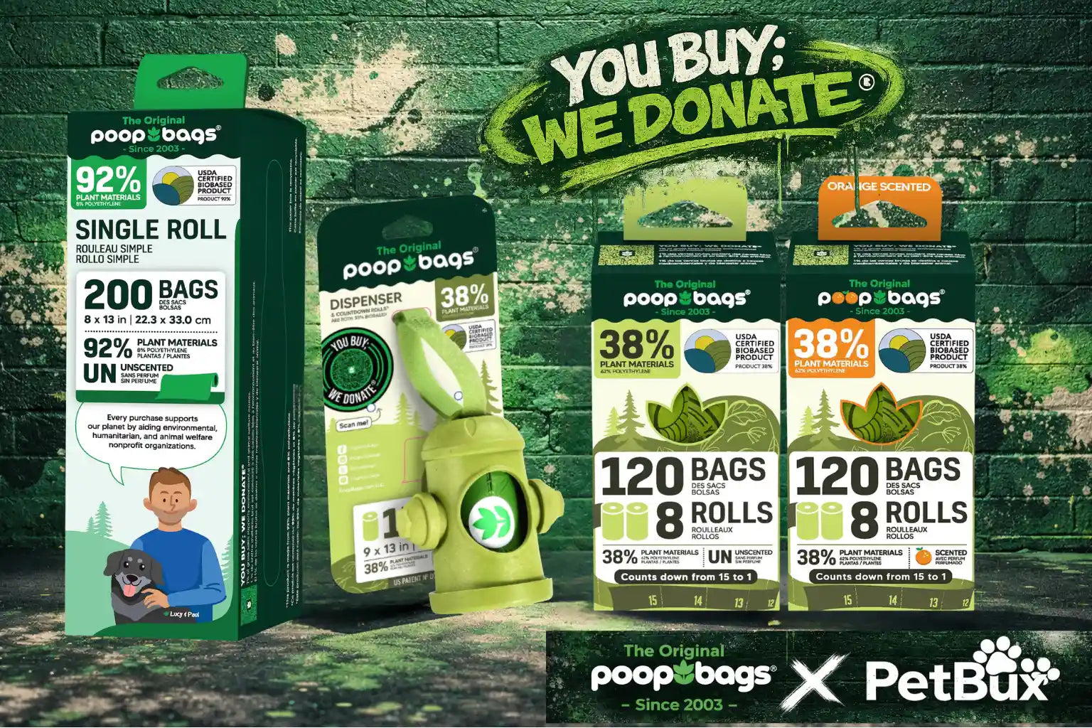 The Original Poop Bags eco friendly dog poop bags lineup beside PetBux cash back branding.