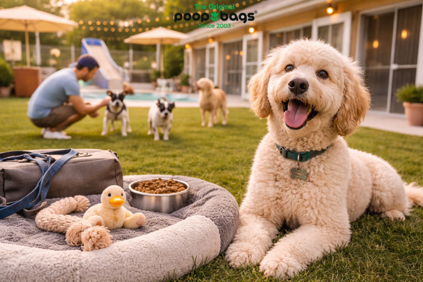 Curly cream dog relaxing on a plush bed at an outdoor dog hotel play yard.