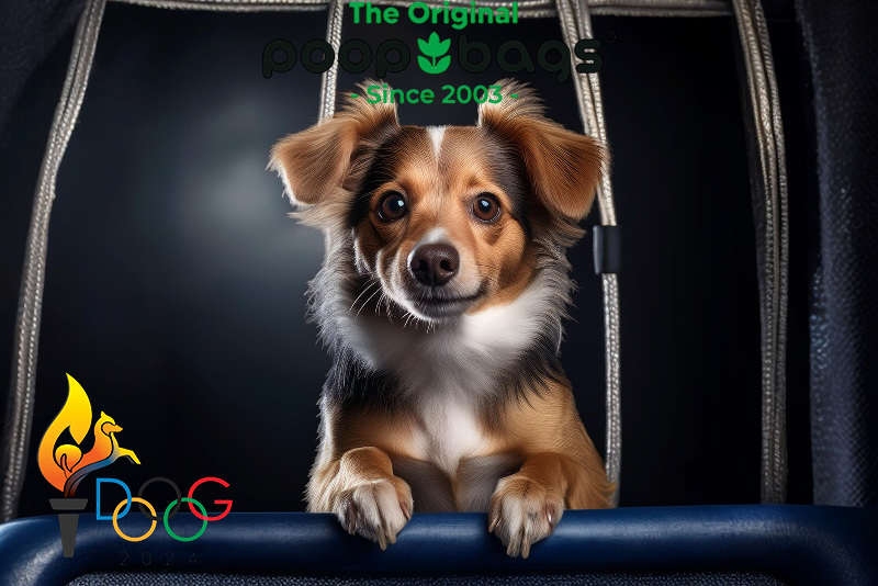 Small brown and white dog peeking over a stadium seat beside a playful Dog Olympics torch logo.