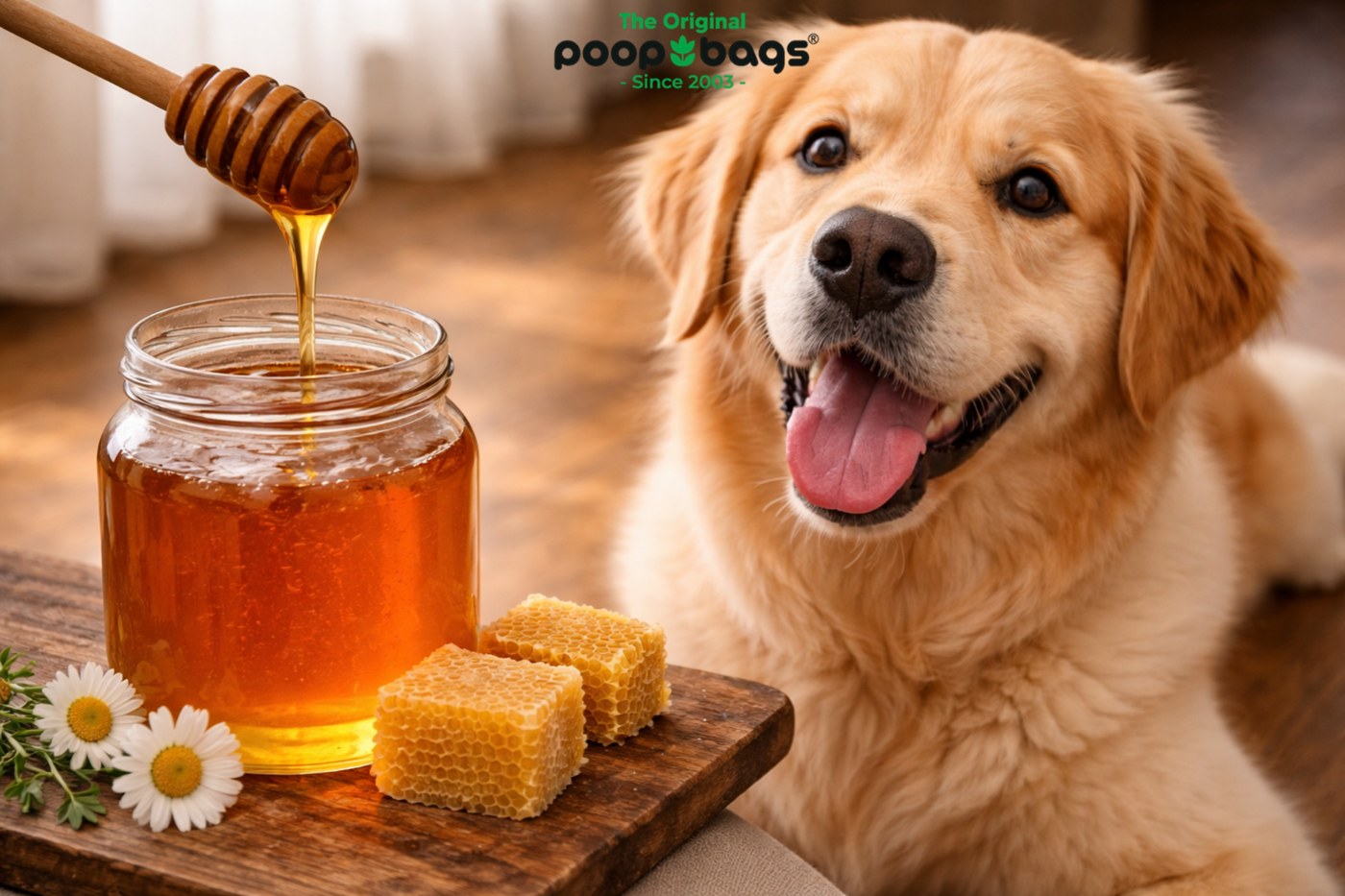Golden Retriever beside a jar of honey, dipper, and honeycomb on a wooden board.