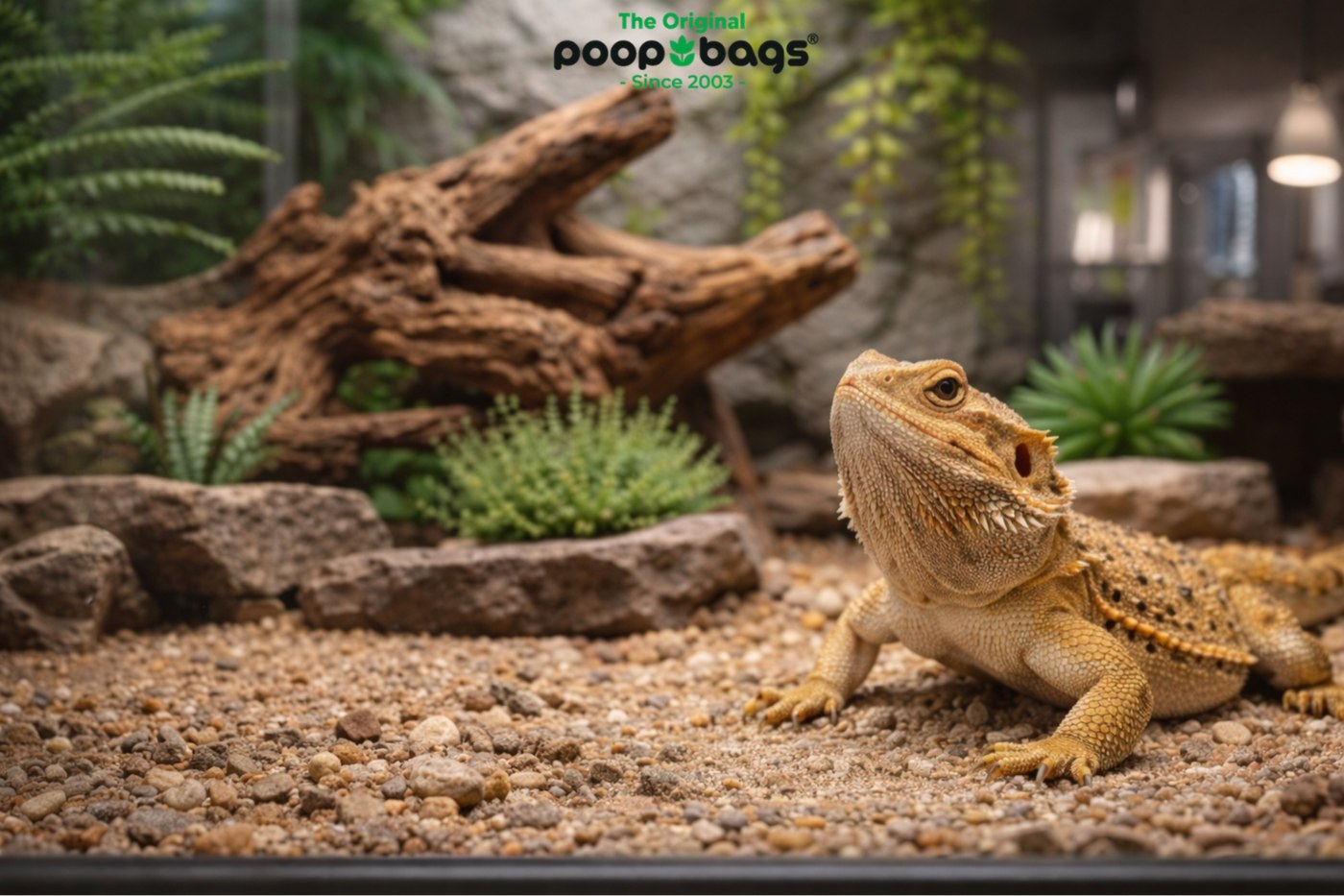 Bearded dragon rests on gravel in a planted terrarium with driftwood and rocks.