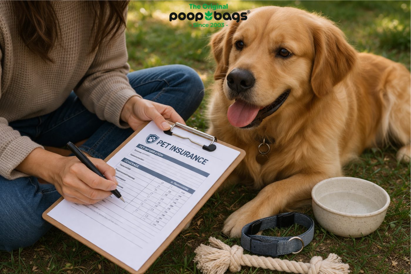 Person filling out a pet insurance form beside a golden retriever on grass.