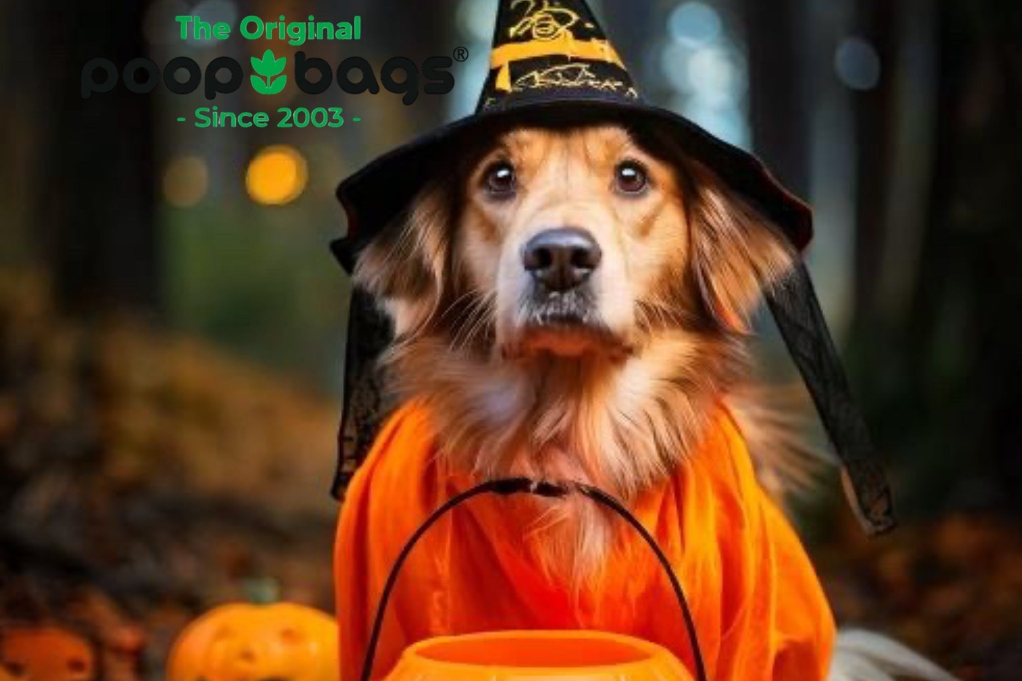 Dog wearing a witch hat and orange cape holding a trick-or-treat pumpkin pail.