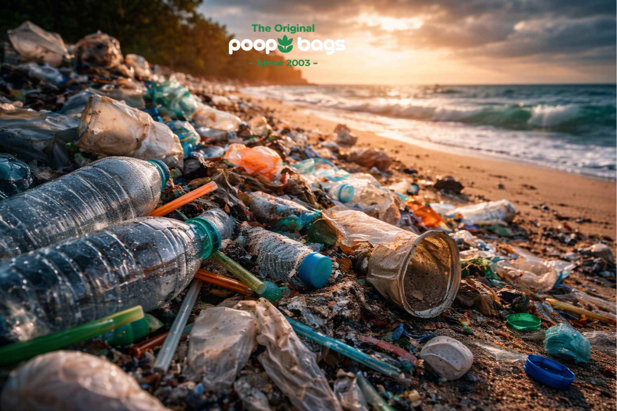 Plastic bottles, straws, and waste littering a sandy beach shoreline at sunset.