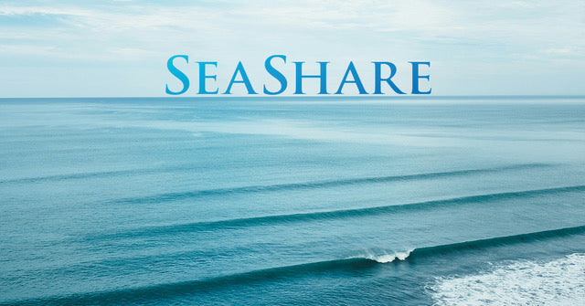 SeaShare logo over calm blue ocean waves, illustrating sustainable seafood sharing efforts.