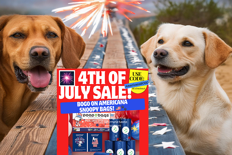 Two dogs beside fireworks with a 4th of July sale banner for Americana poop bags.