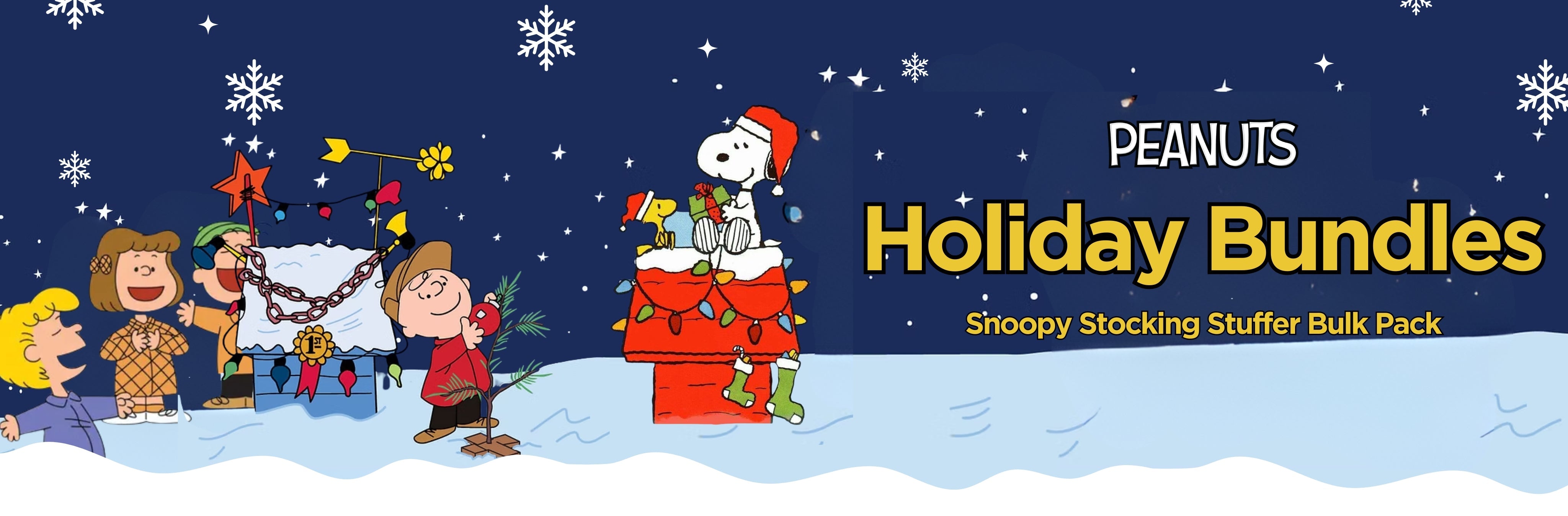 Peanuts Holiday Bundles banner: Snoopy in a Santa hat atop his doghouse, a stocking stuffer bulk pack.