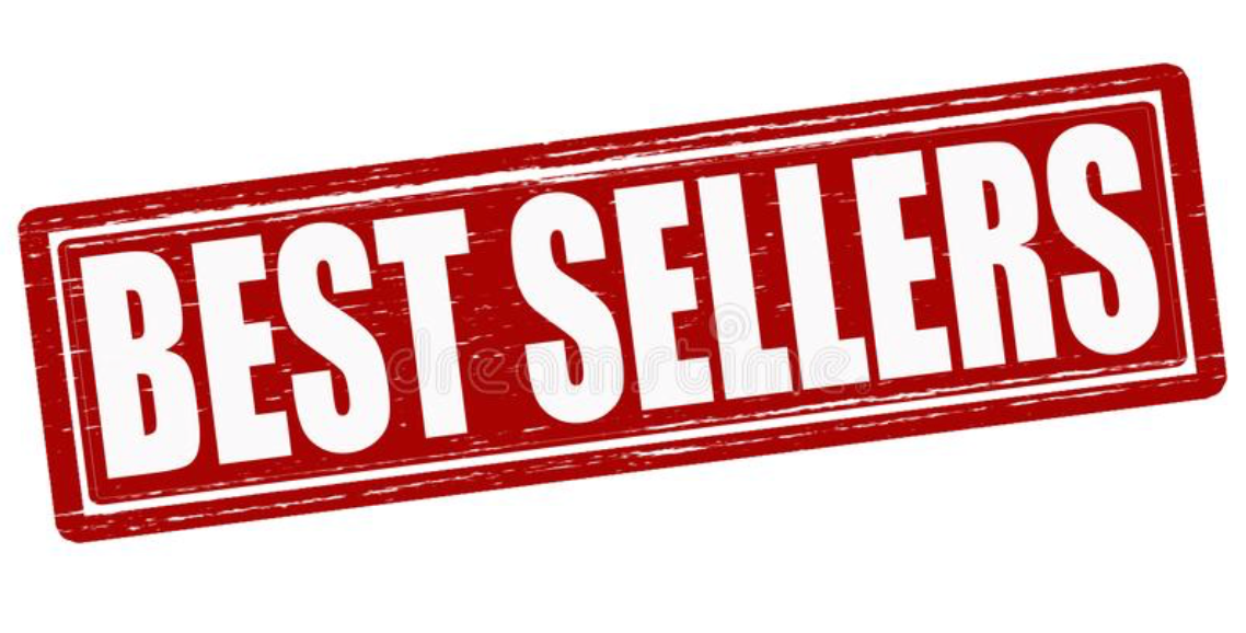 Red rubber-stamp graphic reading Best Sellers, tilted at an angle on white.