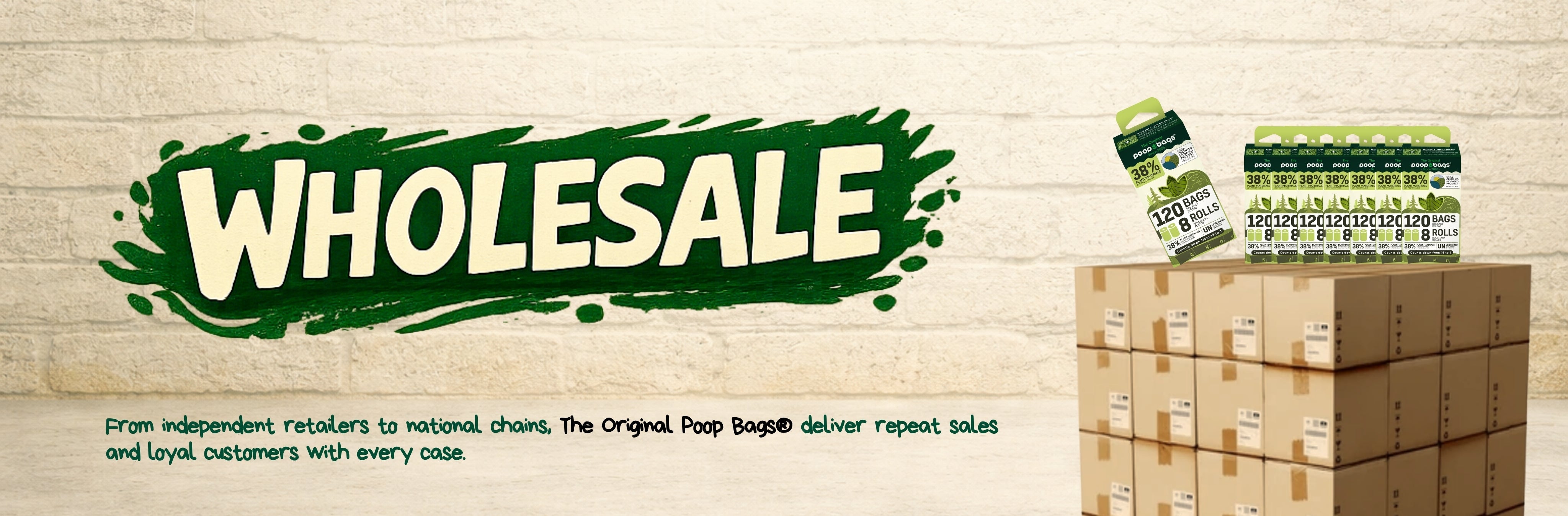 Wholesale banner with cases of plant-based dog poop bag rolls stacked in bulk.