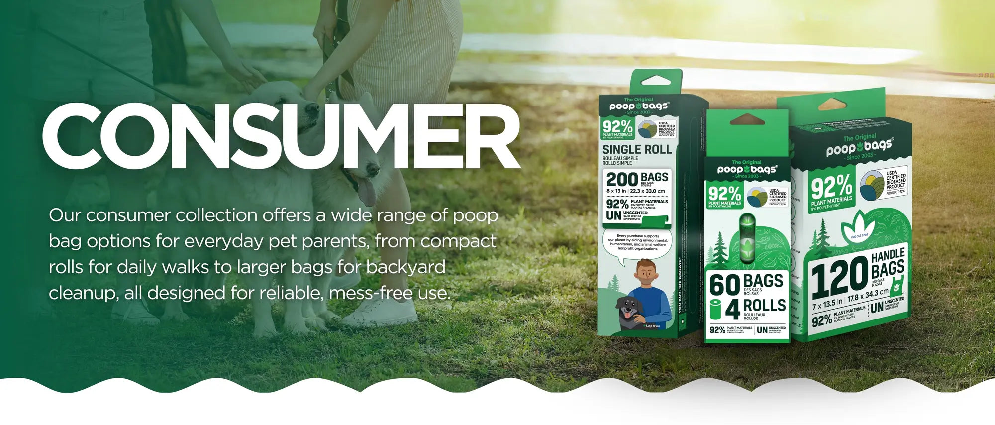 Eco friendly dog poop bags in single roll, multi-roll, and handle bag boxes with a dog.