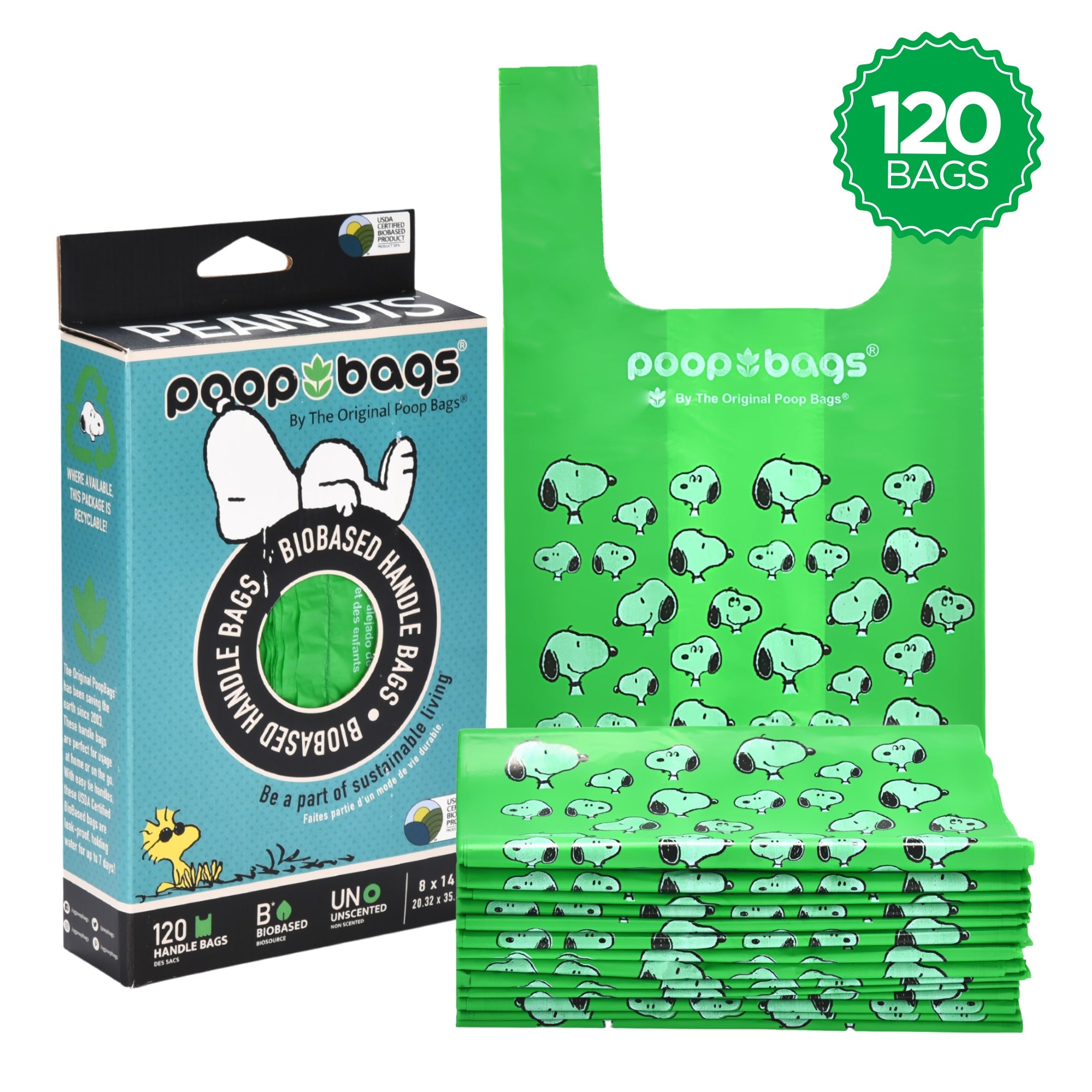 Snoopy print green handle tie poop bags beside Peanuts biobased box, 120 count badge.