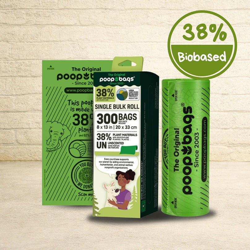 The Original Poop Bags single bulk roll of 300 unscented 38% biobased dog poop bags shown beside its boxed packaging.