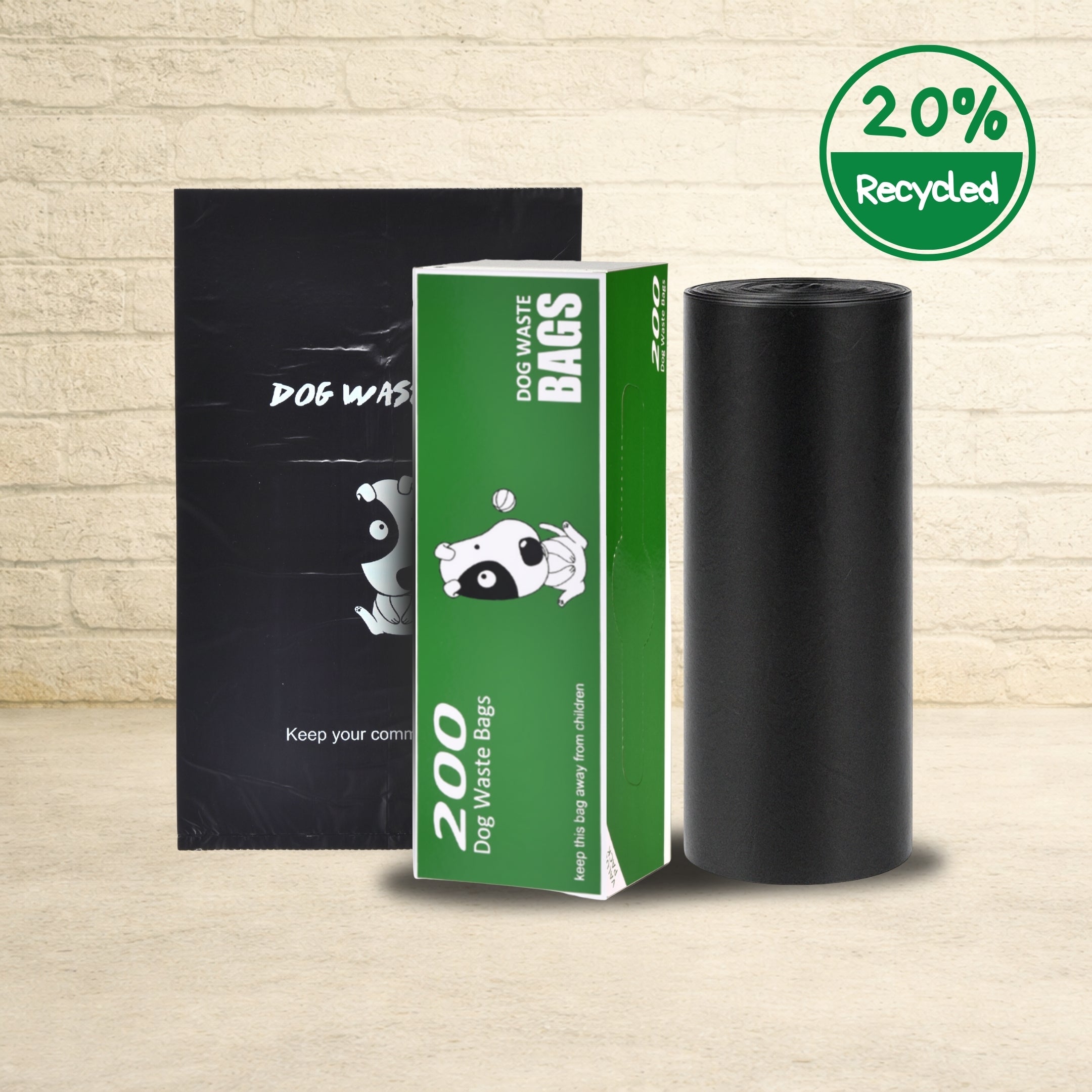 The Original Poop Bags 200 count recycled dog waste bags with black roll and green retail box featuring 20 percent recycled material.