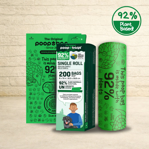 The Original Poop Bags 92 percent plant-based single roll with 200 unscented compostable bags and retail box packaging.