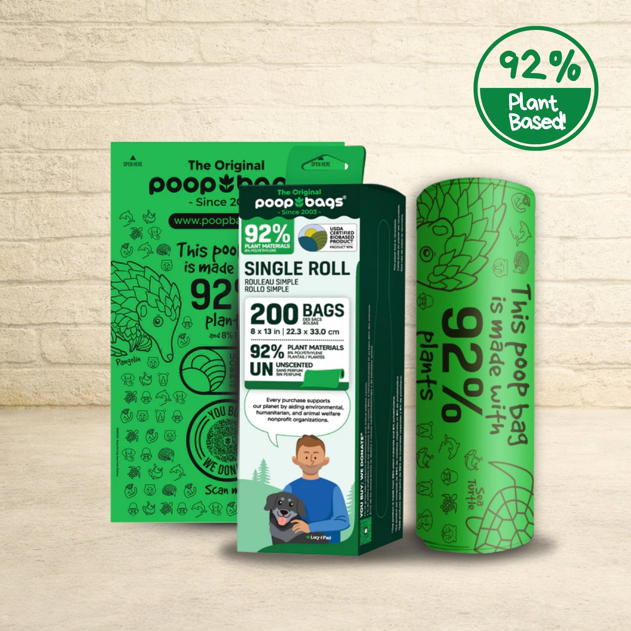 The Original Poop Bags 92 percent plant-based single roll with 200 unscented compostable bags and retail box packaging.