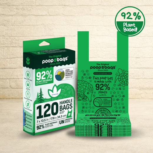 The Original Poop Bags 92 percent plant-based handle bags with 120 unscented bags in 7 by 13.5 inch size and green retail packaging.