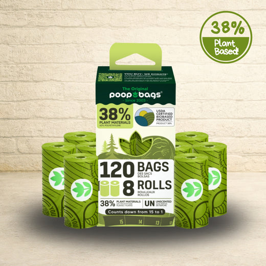 The Original Poop Bags 120 count pack with eight green 38 percent plant-based countdown rolls arranged around the retail box.