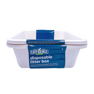 Catfidence disposable cat litter box made from plants with blue branded label wrap.