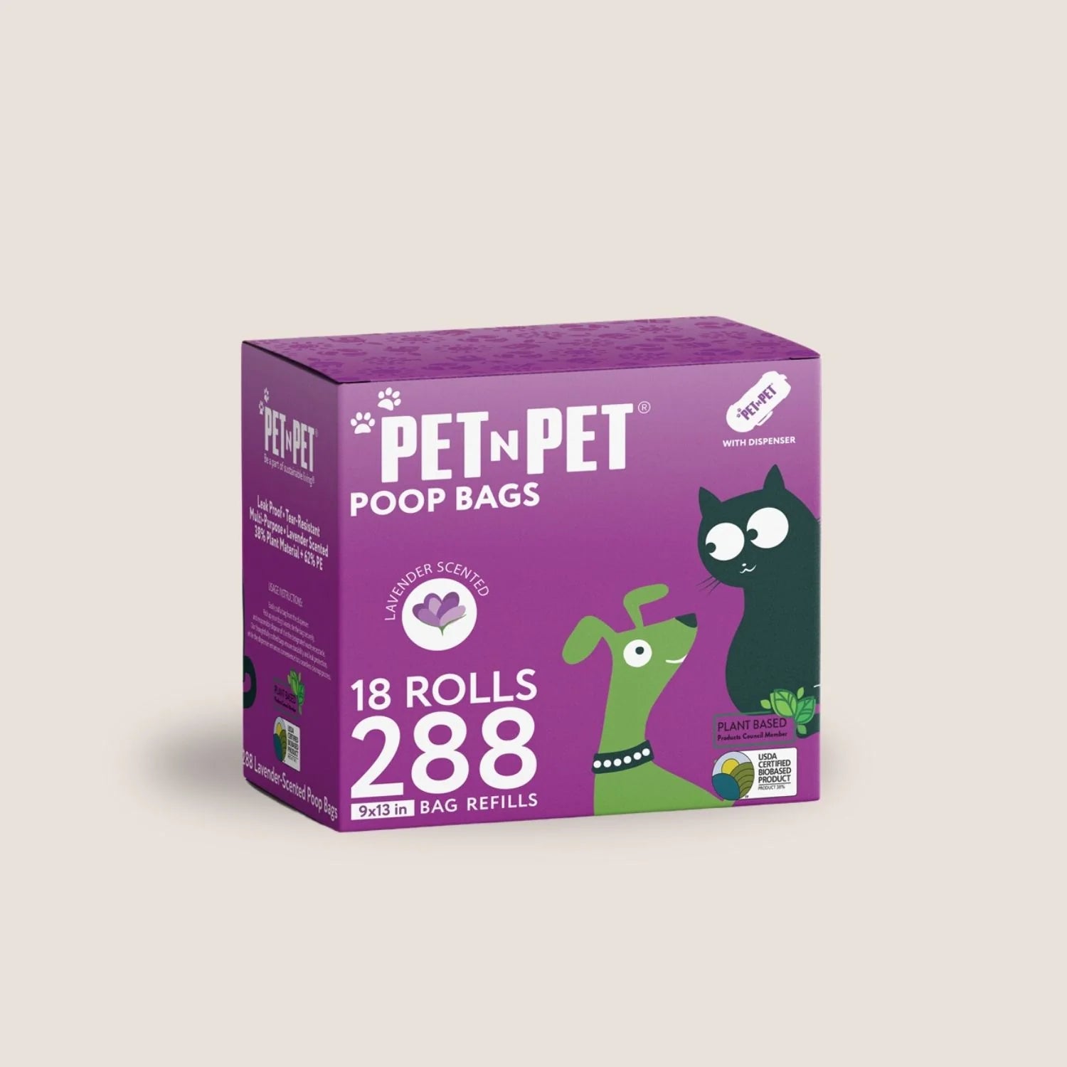 PET N PET lavender-scented poop bags purple box with 18 rolls of 288 refill bags in 9 by 13 inch size with USDA biobased certification.