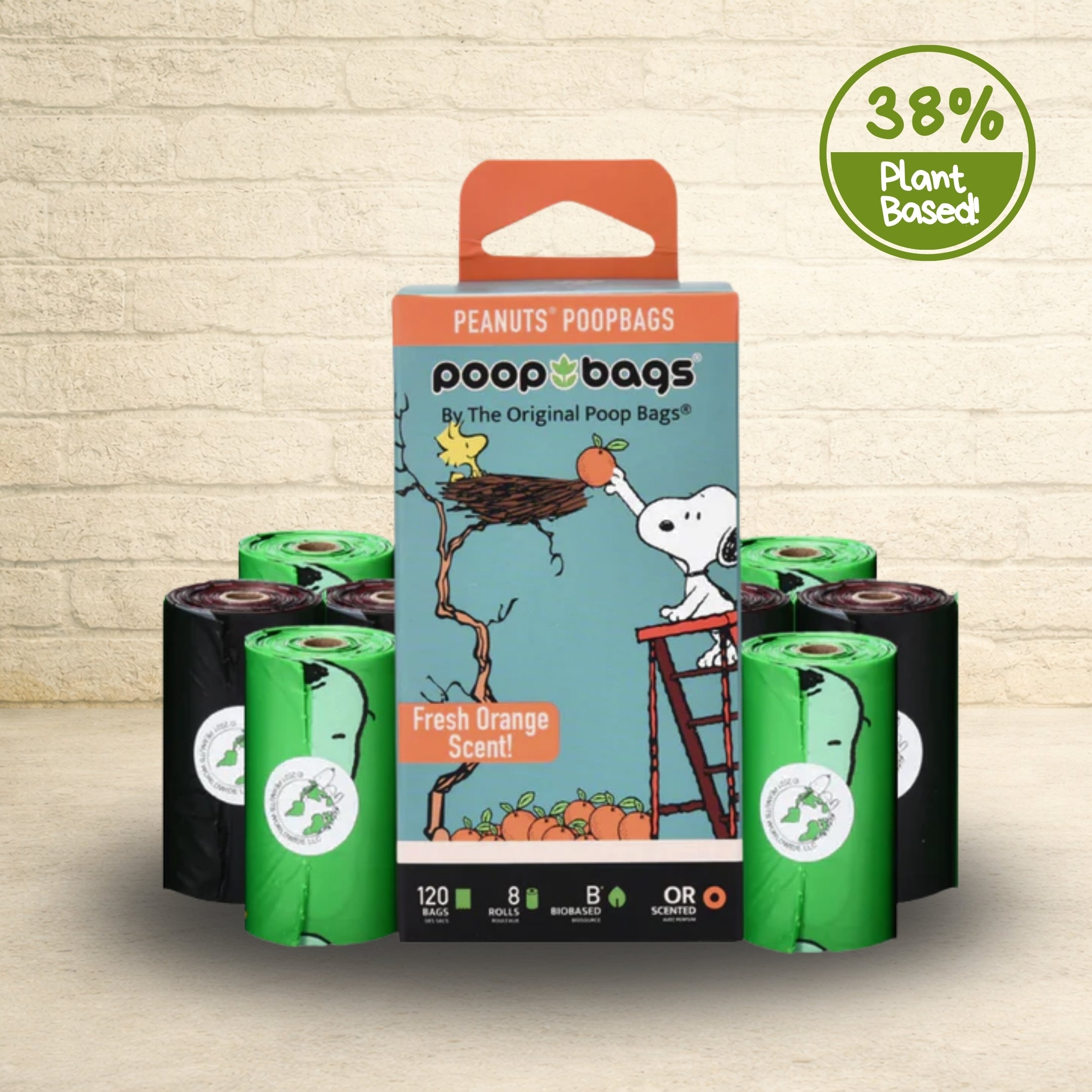 Peanuts Poop Bags fresh orange-scented pack with 120 bags in eight green and black biobased rolls featuring Snoopy artwork.