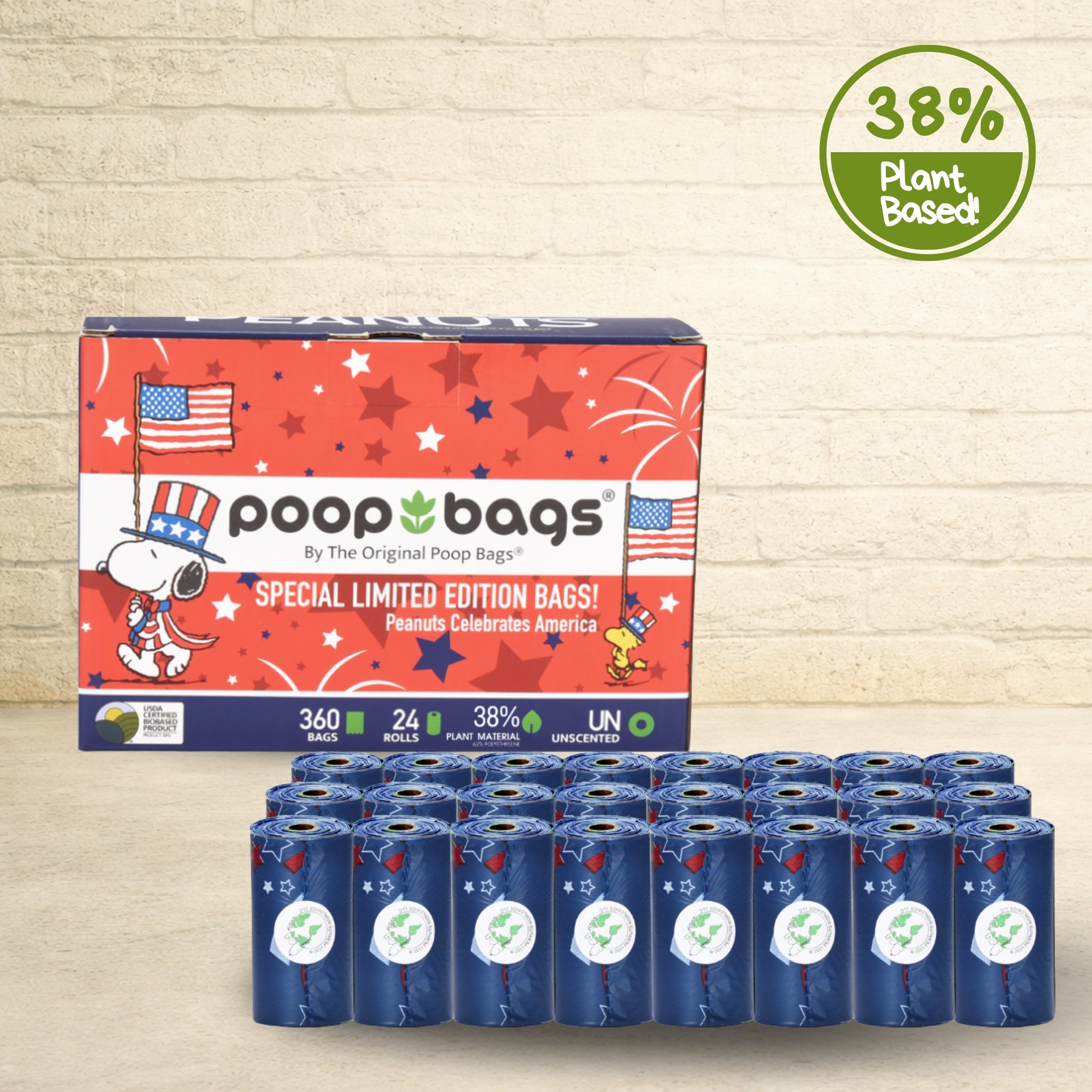 The Original Poop Bags special limited edition Peanuts Celebrates America box with 24 blue patriotic rolls and 360 unscented plant-based bags.