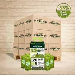The Original Poop Bags bulk pallet with 120-count 8-roll retail pack and green 38% plant-based waste bag rolls.